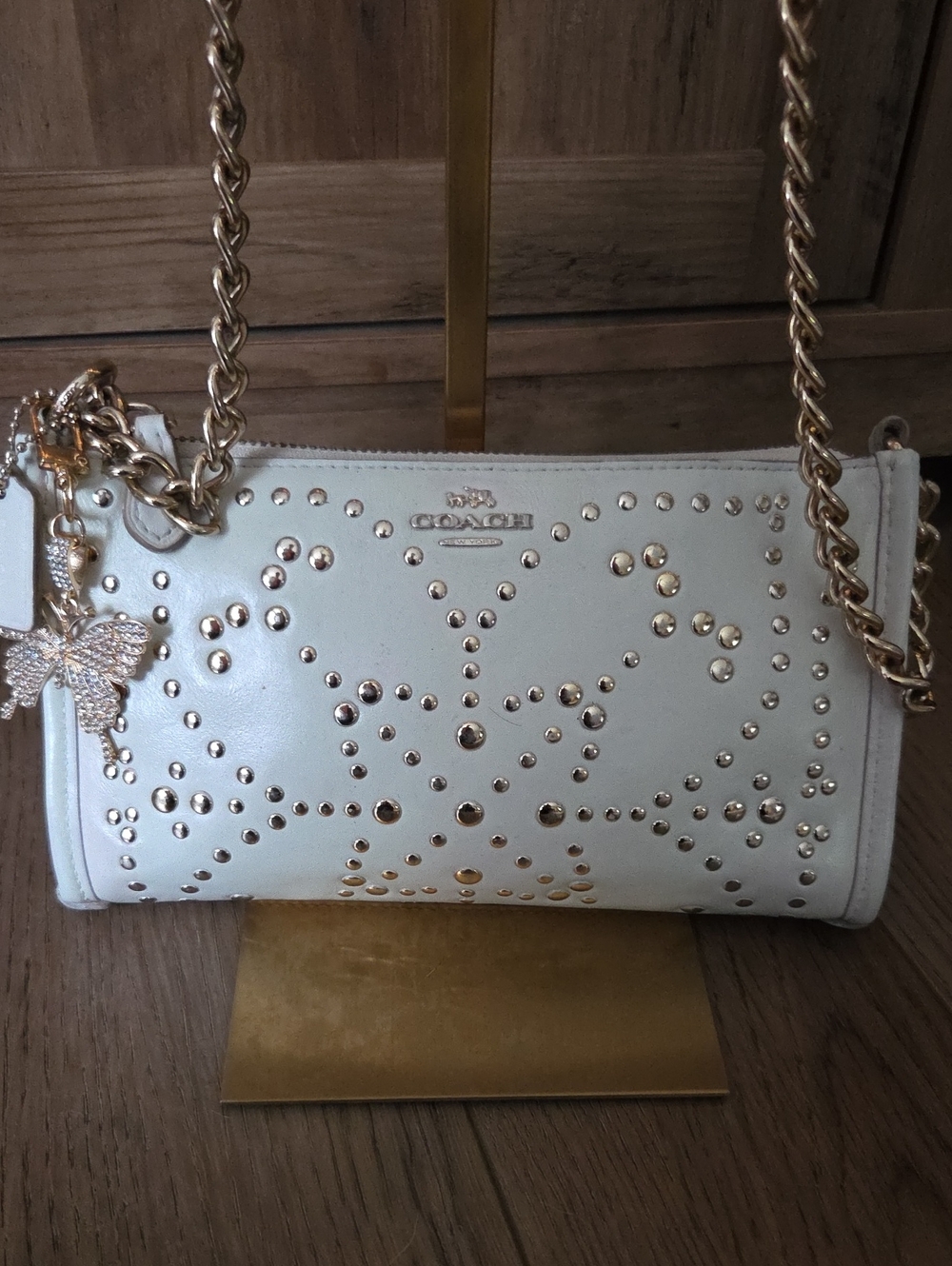 Coach Cream Leather Studded Crossbody with Gold Chain